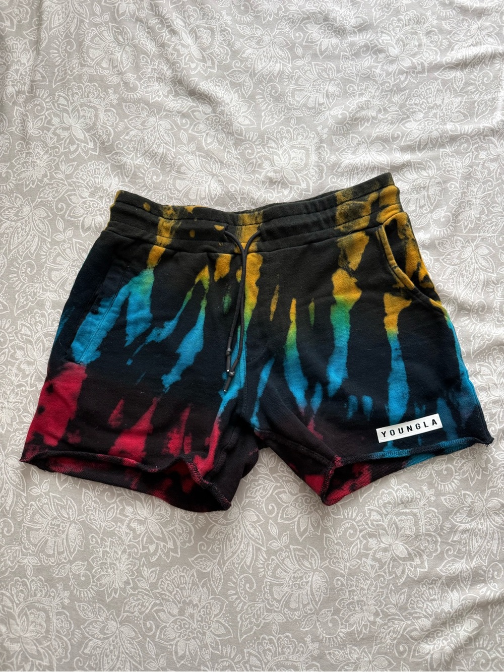 YoungLA Men’s Black Tie-Dye Athletic Shorts - Yellow, Blue, Red